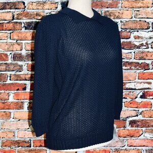 DEADSTOCK -Vintage 80s BRIGHT LIGHTS Dark Blue See-Through Polo Style Sweater-L